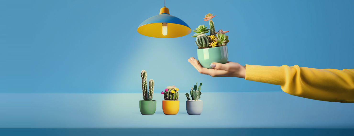 kaktusy osvětlené díky elektřině z obnovitelných zdrojů