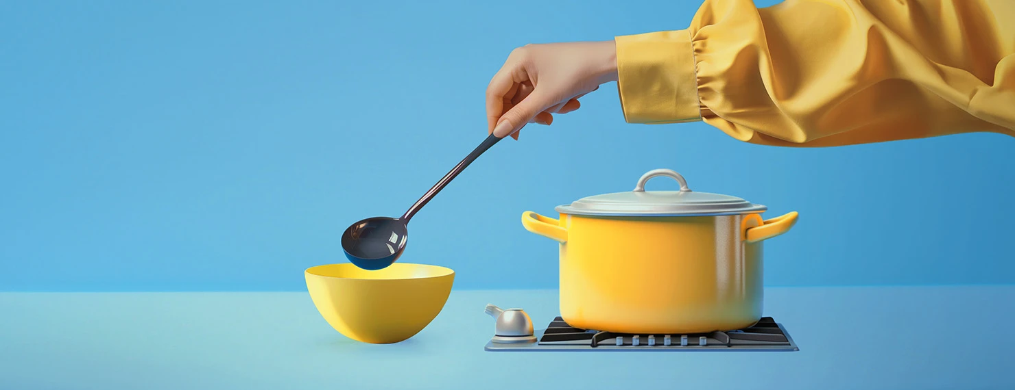 Plyn standard - Pečující ruka nalévá polévku ilustrační obrázek